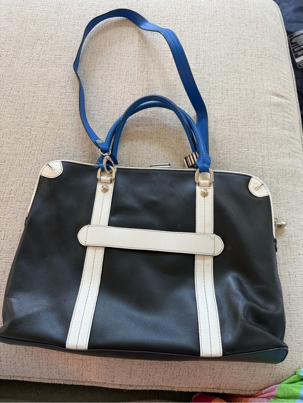 Henri Bendel Color Block Black and White Tote Bag with Blue Handles Minor wear - Picture 7 of 16